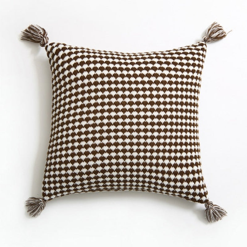 Tessera Tassel Throw Pillow Cover – Black White Herringbone Knit Cushion 18x18 Decorative Living Room Bedroom Boho