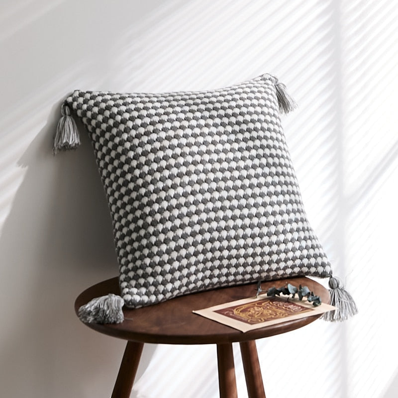 Tessera Tassel Throw Pillow Cover – Black White Herringbone Knit Cushion 18x18 Decorative Living Room Bedroom Boho