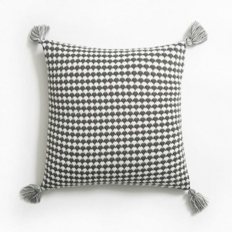 Tessera Tassel Throw Pillow Cover – Black White Herringbone Knit Cushion 18x18 Decorative Living Room Bedroom Boho