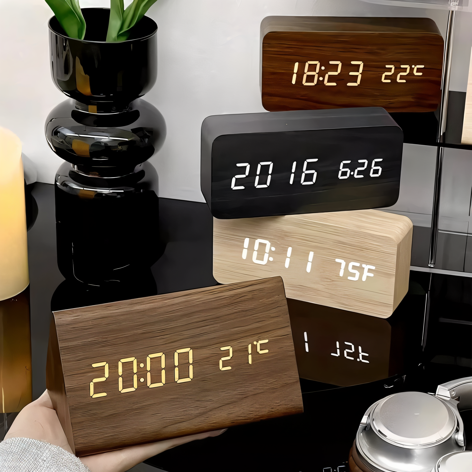 Kronos Wood Digital Alarm Clock – LED Temperature Display Bedroom Nightstand Desk Clock USB Powered