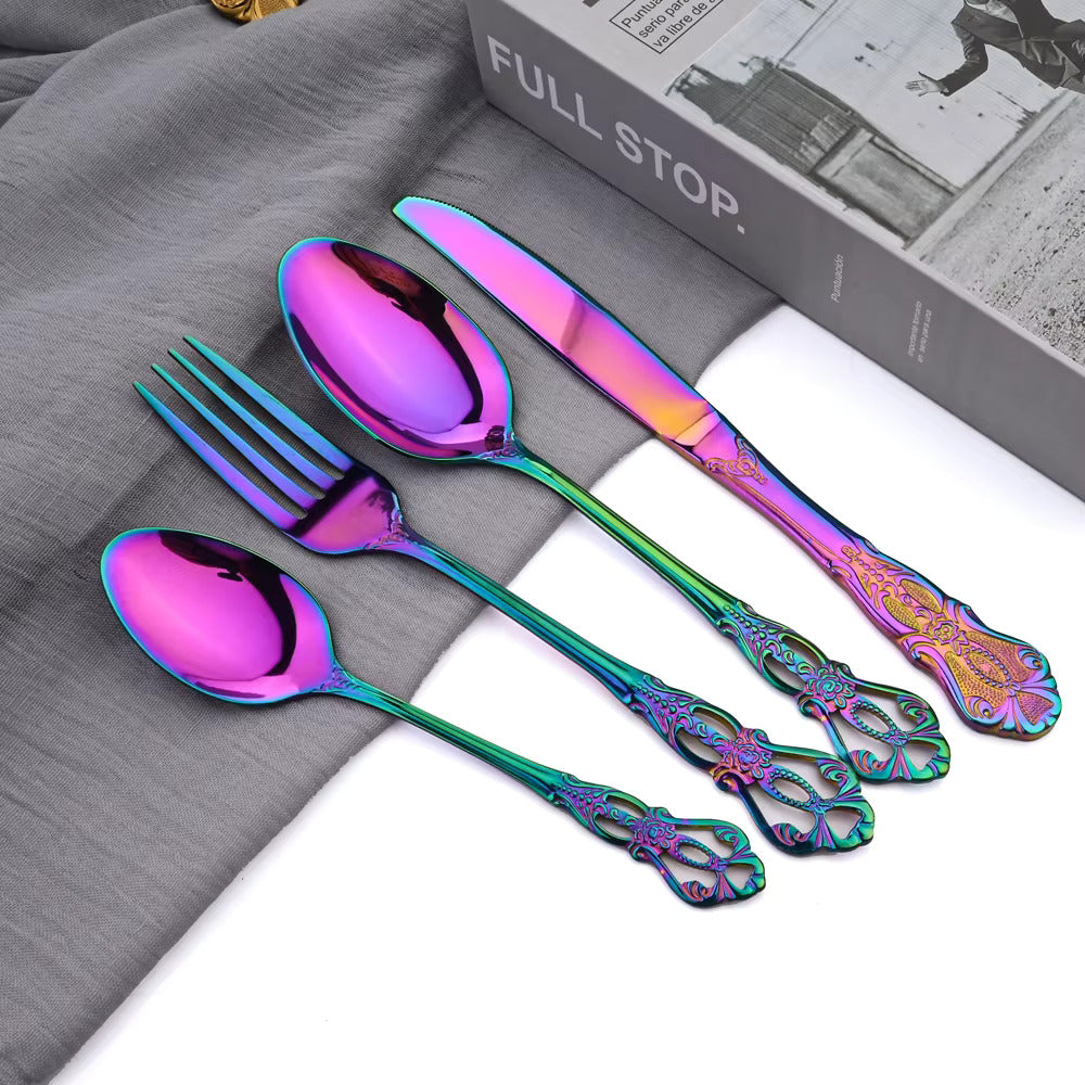 Prismara Flatware Set – Rainbow Iridescent Stainless Steel Cutlery Ornate Vintage Design Dishwasher Safe