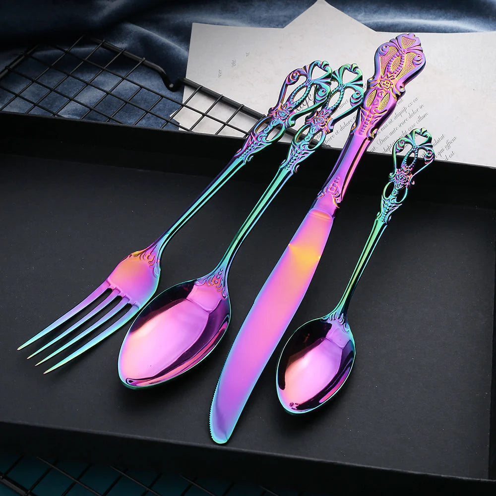 Prismara Flatware Set – Rainbow Iridescent Stainless Steel Cutlery Ornate Vintage Design Dishwasher Safe