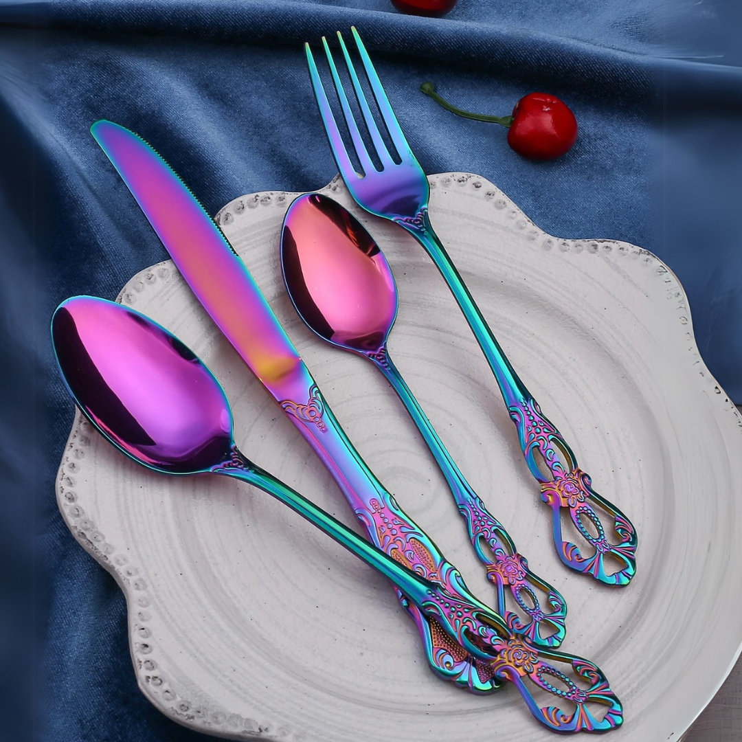 Prismara Flatware Set – Rainbow Iridescent Stainless Steel Cutlery Ornate Vintage Design Dishwasher Safe