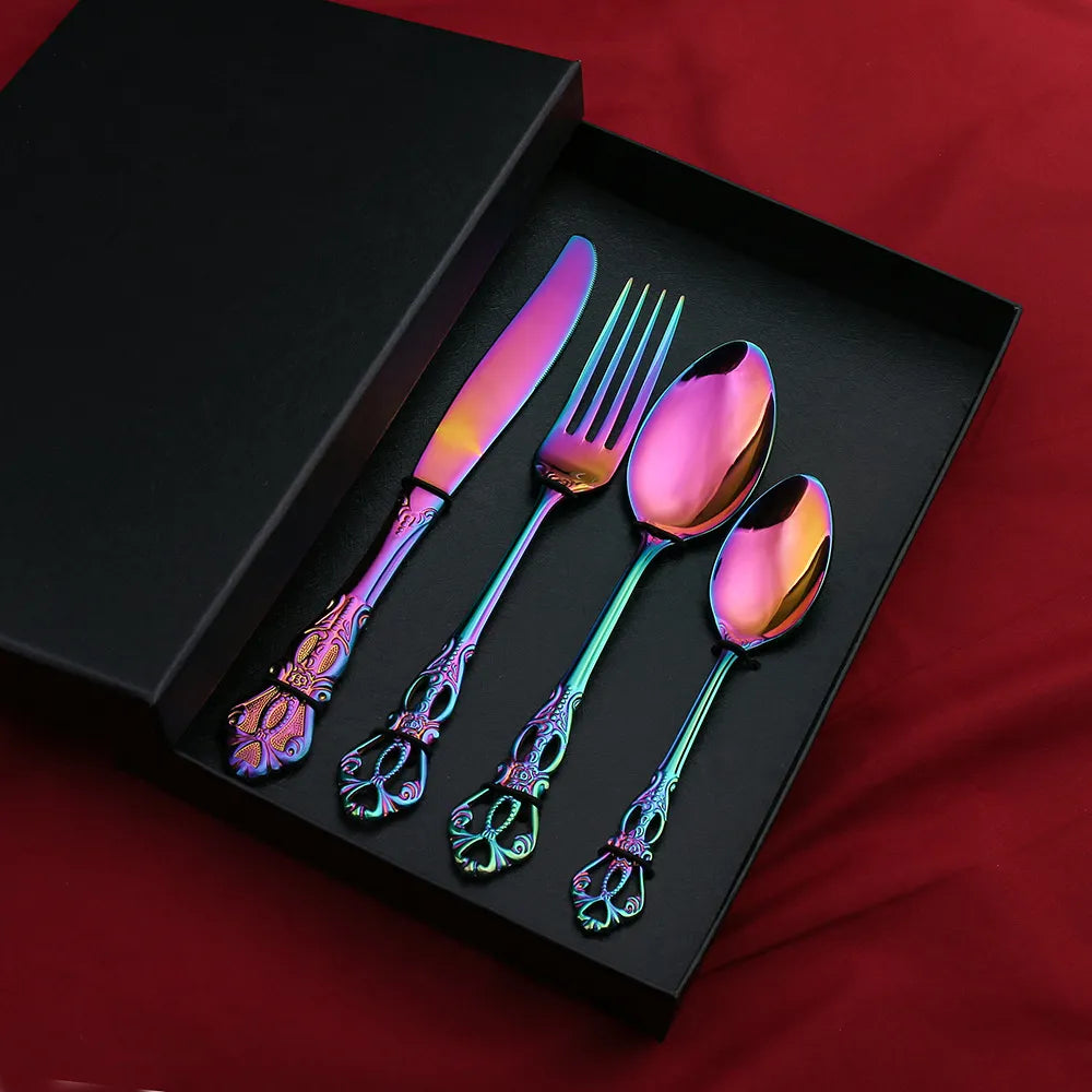 Prismara Flatware Set – Rainbow Iridescent Stainless Steel Cutlery Ornate Vintage Design Dishwasher Safe