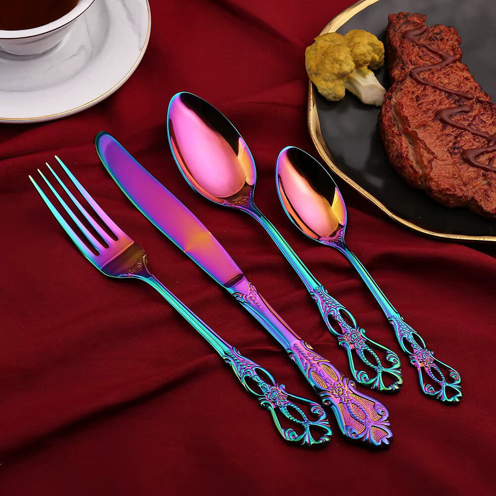 Prismara Flatware Set – Rainbow Iridescent Stainless Steel Cutlery Ornate Vintage Design Dishwasher Safe