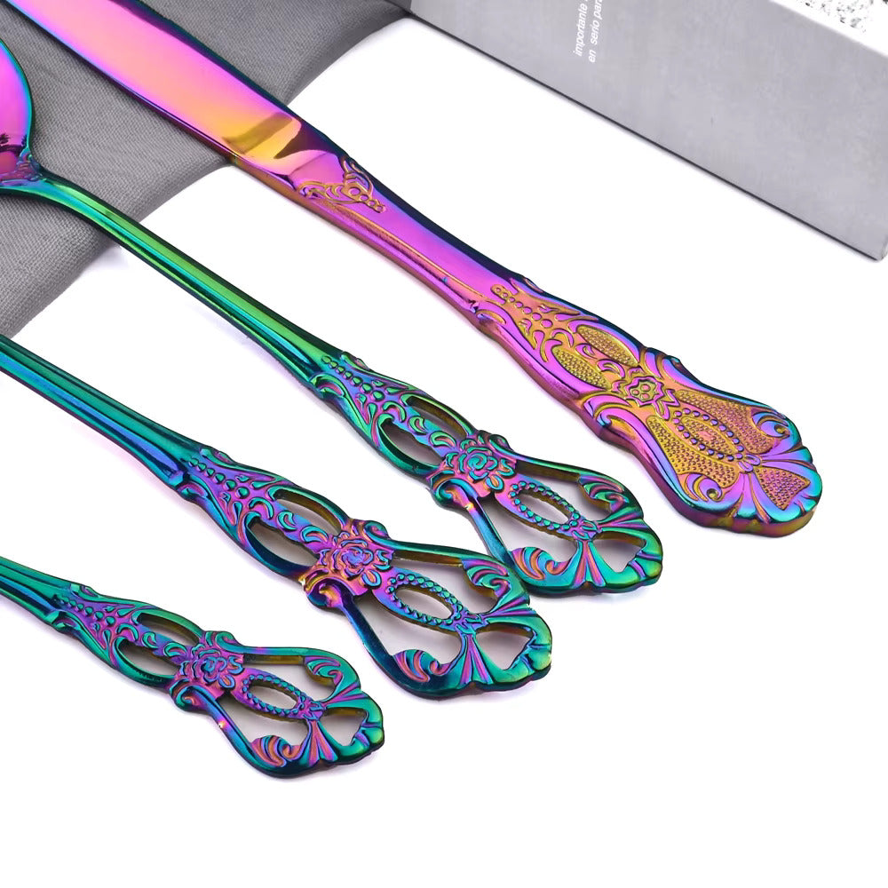 Prismara Flatware Set – Rainbow Iridescent Stainless Steel Cutlery Ornate Vintage Design Dishwasher Safe