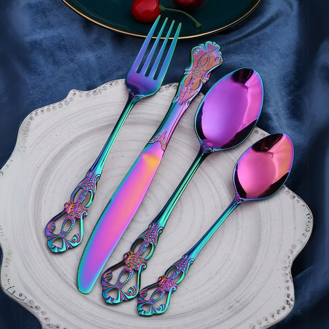Prismara Flatware Set – Rainbow Iridescent Stainless Steel Cutlery Ornate Vintage Design Dishwasher Safe