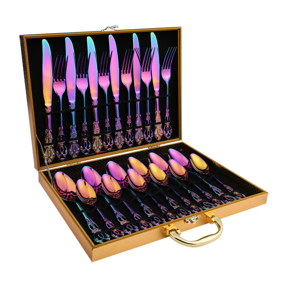 Prismara Flatware Set – Rainbow Iridescent Stainless Steel Cutlery Ornate Vintage Design Dishwasher Safe