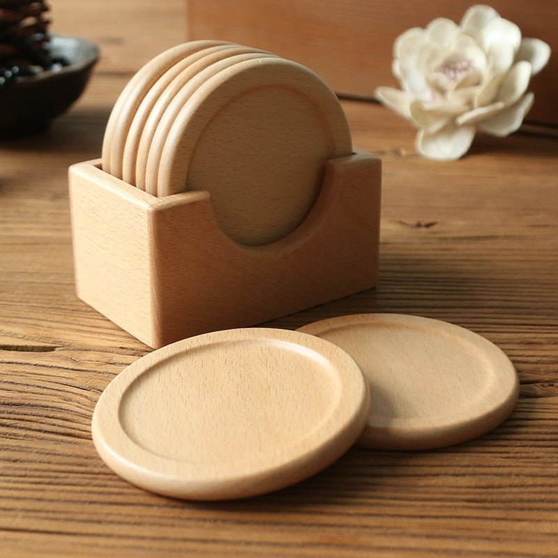 Ridgemont Wood Coaster Set – Round Beverage Coasters Holder Wooden Table Decor Living Room