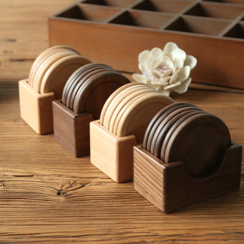 Ridgemont Wood Coaster Set – Round Beverage Coasters Holder Wooden Table Decor Living Room