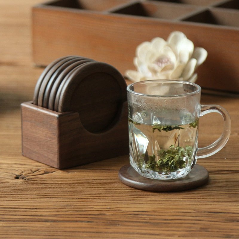 Ridgemont Wood Coaster Set – Round Beverage Coasters Holder Wooden Table Decor Living Room