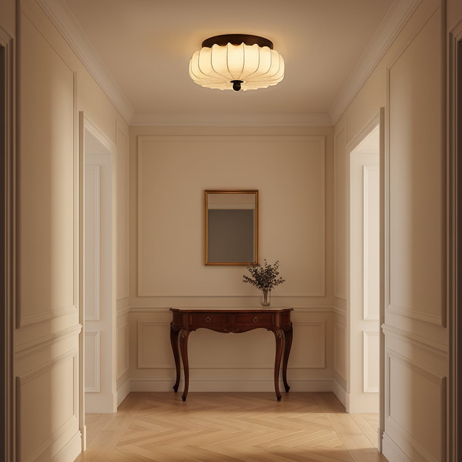 Textured Fabric Flush Mount Ceiling Light – Cream Lantern-Style Fixture