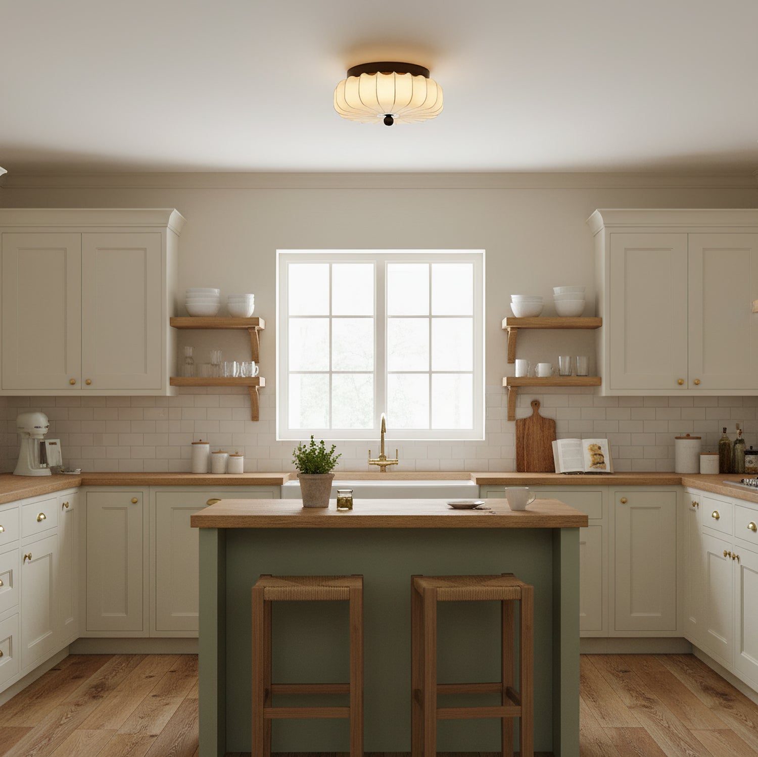 Textured Fabric Flush Mount Ceiling Light – Cream Lantern-Style Fixture