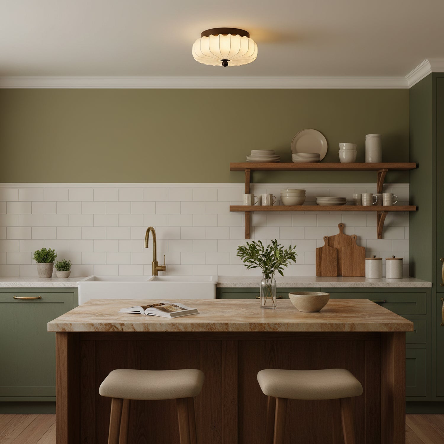 Textured Fabric Flush Mount Ceiling Light – Cream Lantern-Style Fixture