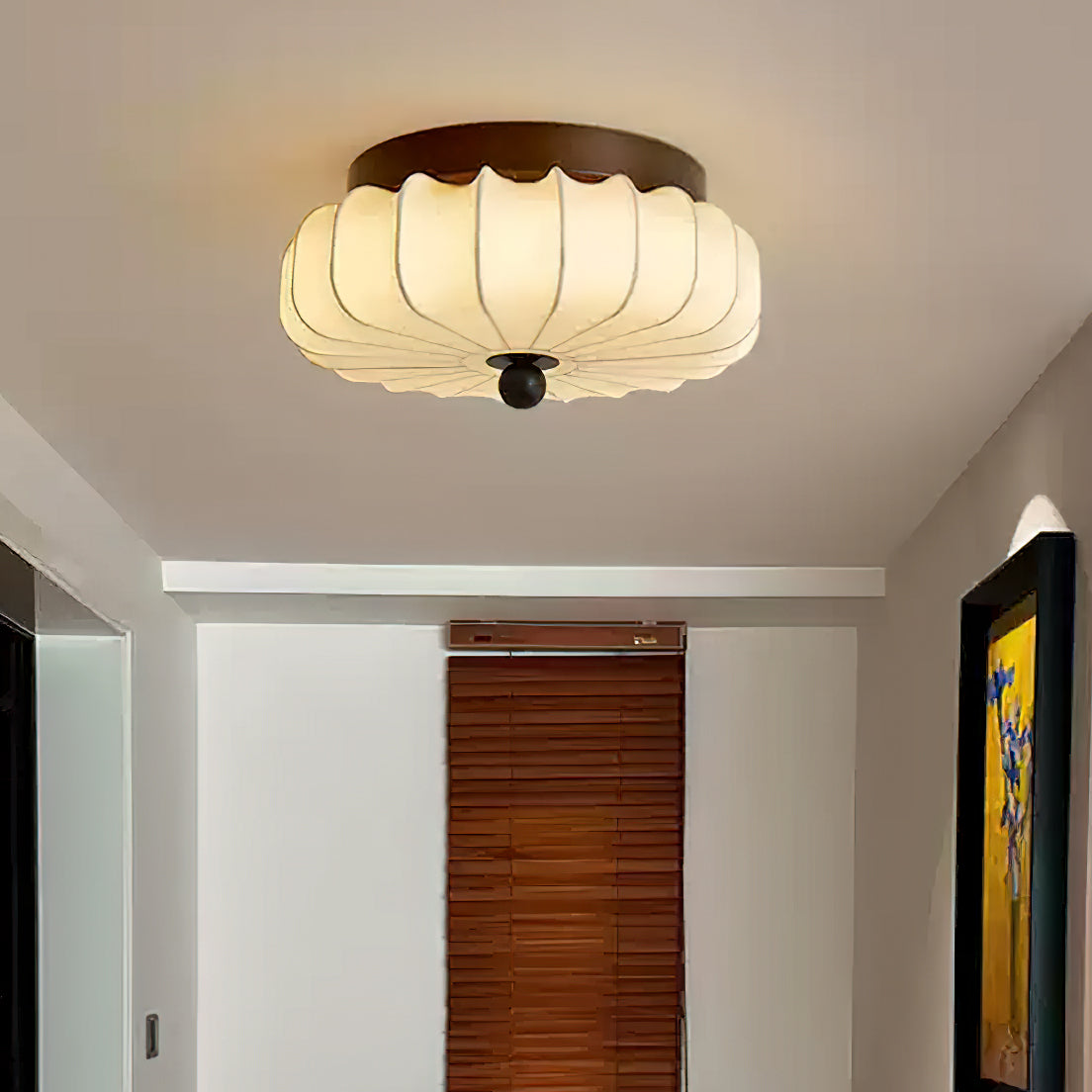 Textured Fabric Flush Mount Ceiling Light – Cream Lantern-Style Fixture