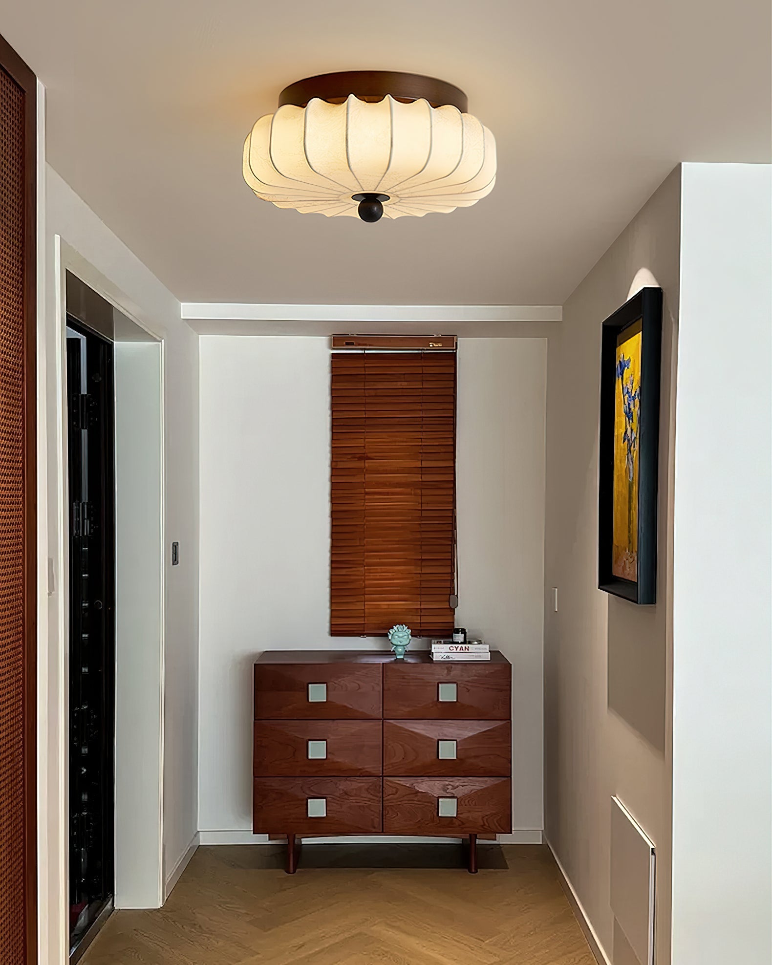 Textured Fabric Flush Mount Ceiling Light – Cream Lantern-Style Fixture