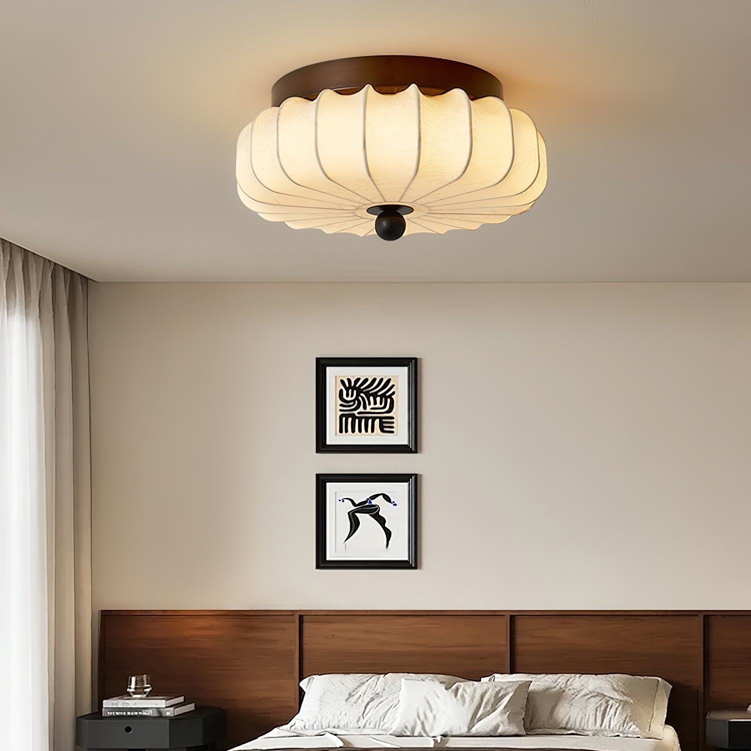 Textured Fabric Flush Mount Ceiling Light – Cream Lantern-Style Fixture