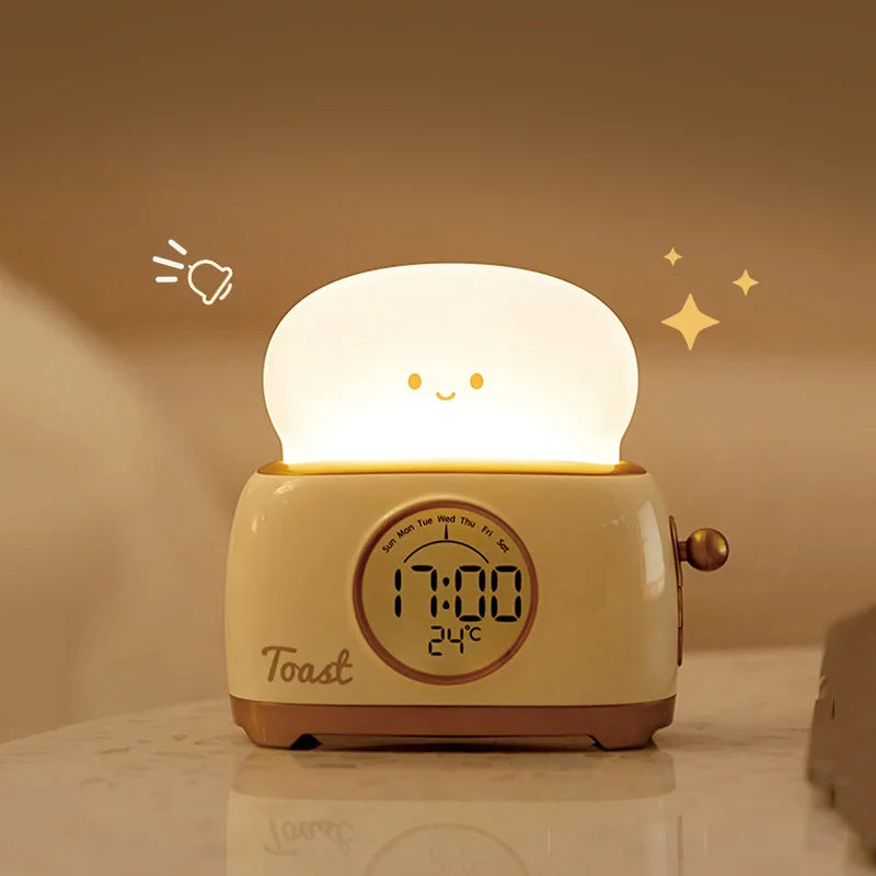 Toasty Bloom Alarm Clock – Kids Digital LED Night Light Bedside Lamp Temperature Display Cute Toast Design
