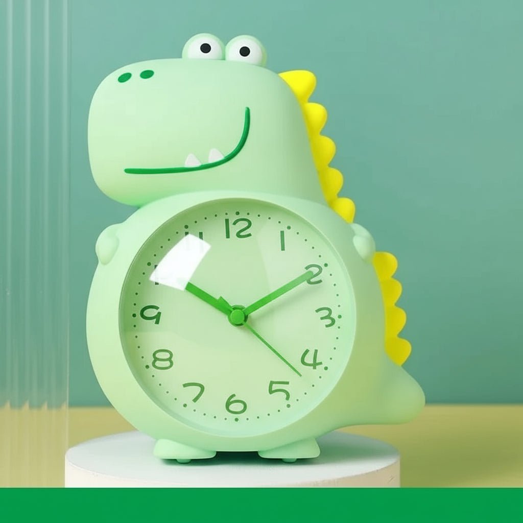 Rexley Dinosaur Alarm Clock – Kids Bedroom Silent Analog Clock Green Decorative Tabletop Nightstand