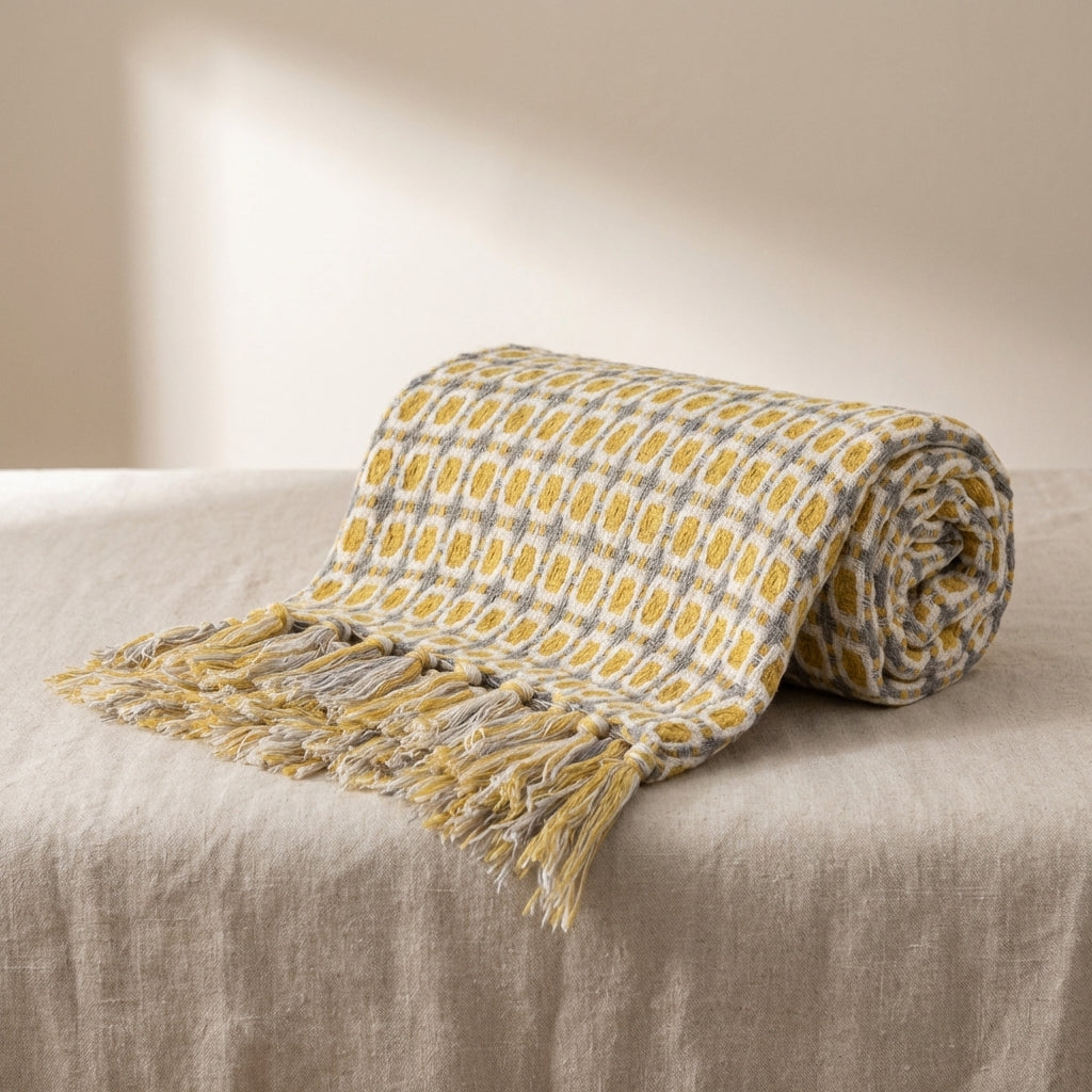 Weyland Geometric Throw Blanket – Knit Cotton Polyester Yellow Grey Tassel Fringe Couch Sofa