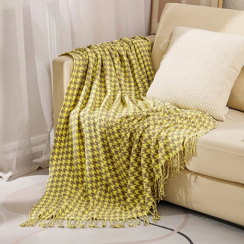 Weyland Geometric Throw Blanket – Knit Cotton Polyester Yellow Grey Tassel Fringe Couch Sofa