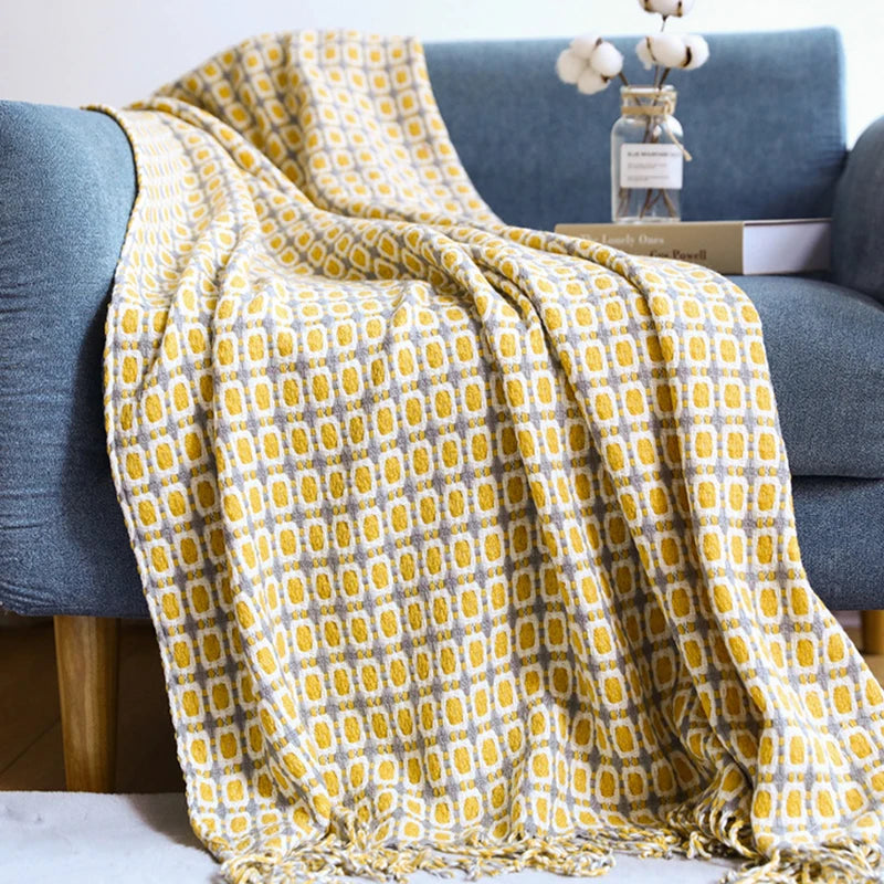 Weyland Geometric Throw Blanket – Knit Cotton Polyester Yellow Grey Tassel Fringe Couch Sofa