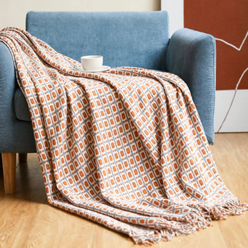 Weyland Geometric Throw Blanket – Knit Cotton Polyester Yellow Grey Tassel Fringe Couch Sofa