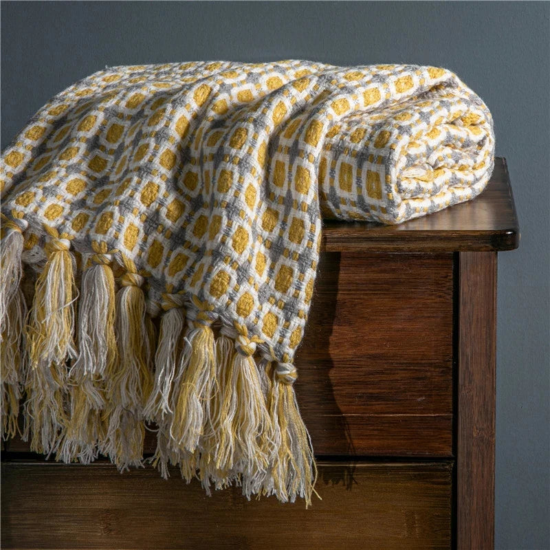 Weyland Geometric Throw Blanket – Knit Cotton Polyester Yellow Grey Tassel Fringe Couch Sofa