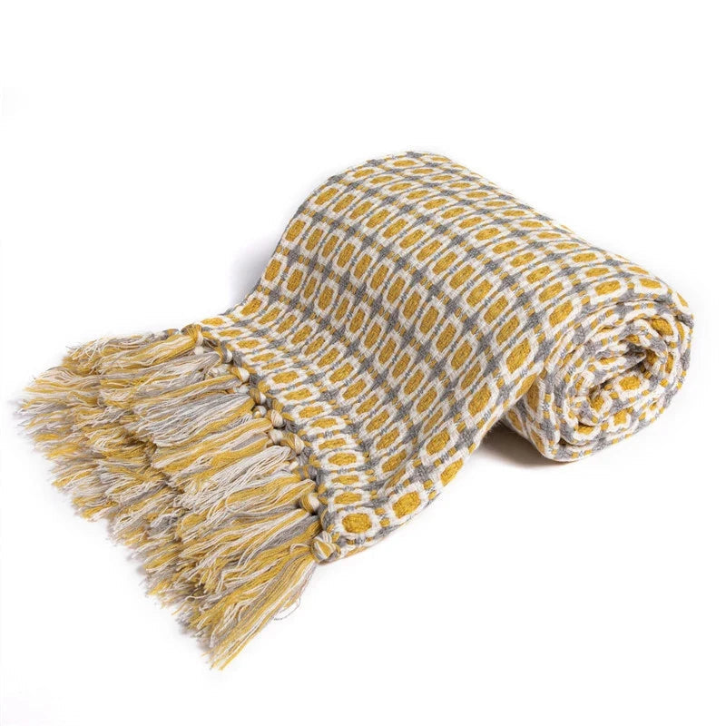Weyland Geometric Throw Blanket – Knit Cotton Polyester Yellow Grey Tassel Fringe Couch Sofa