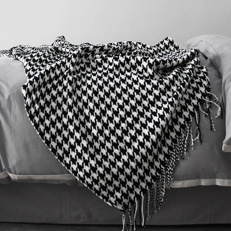 Weyland Geometric Throw Blanket – Knit Cotton Polyester Yellow Grey Tassel Fringe Couch Sofa