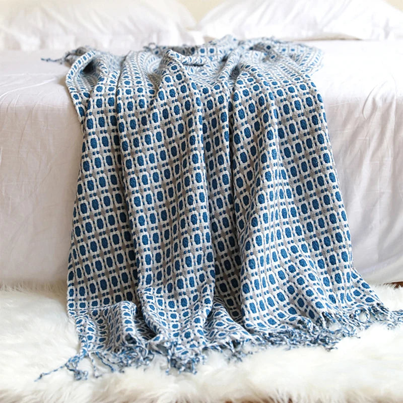 Weyland Geometric Throw Blanket – Knit Cotton Polyester Yellow Grey Tassel Fringe Couch Sofa