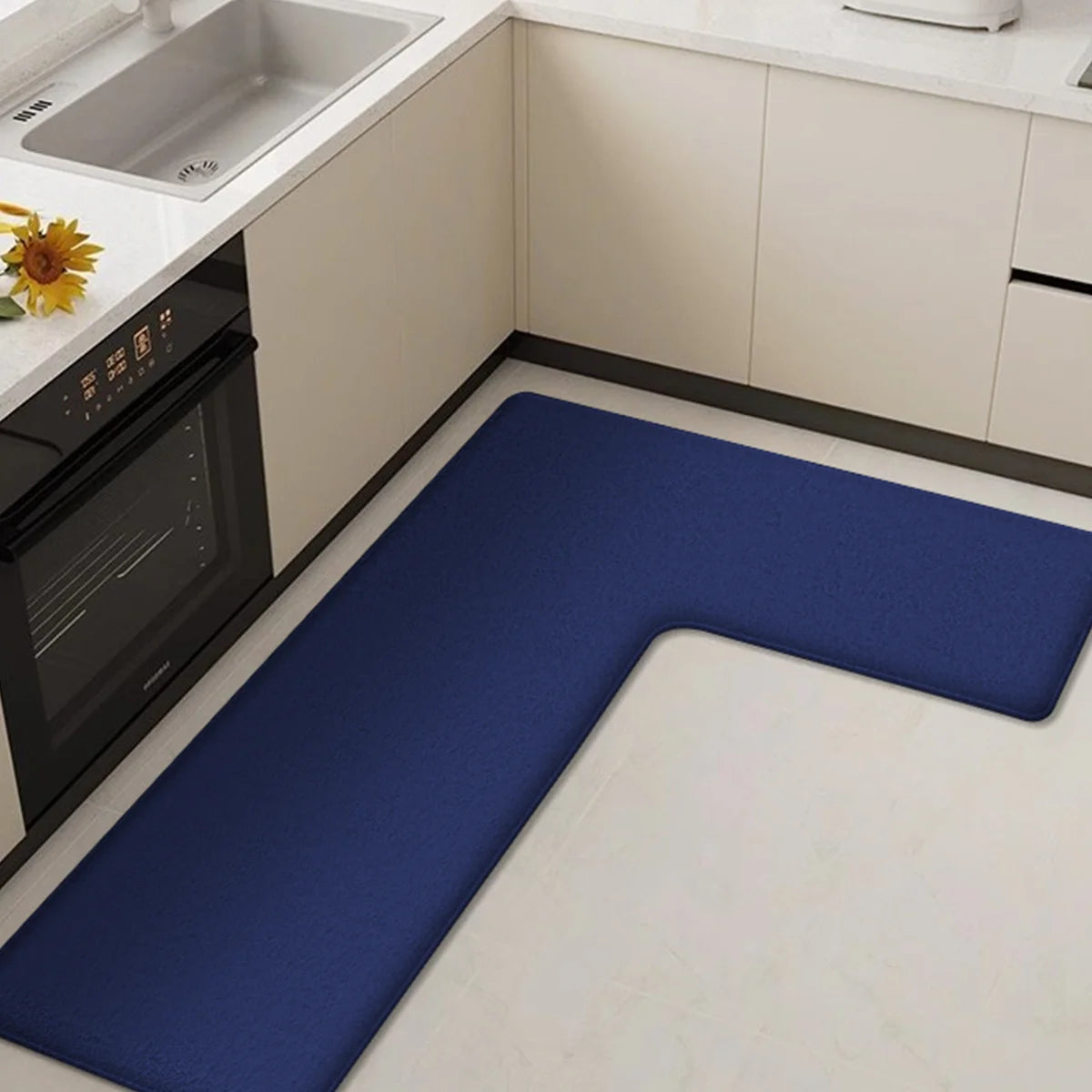 Vesta Corner Kitchen Mat Set – L Shaped Anti Fatigue Cushioned Kitchen Runner Rug Soft Beige Flannel