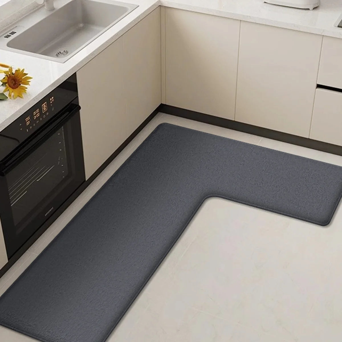 Vesta Corner Kitchen Mat Set – L Shaped Anti Fatigue Cushioned Kitchen Runner Rug Soft Beige Flannel