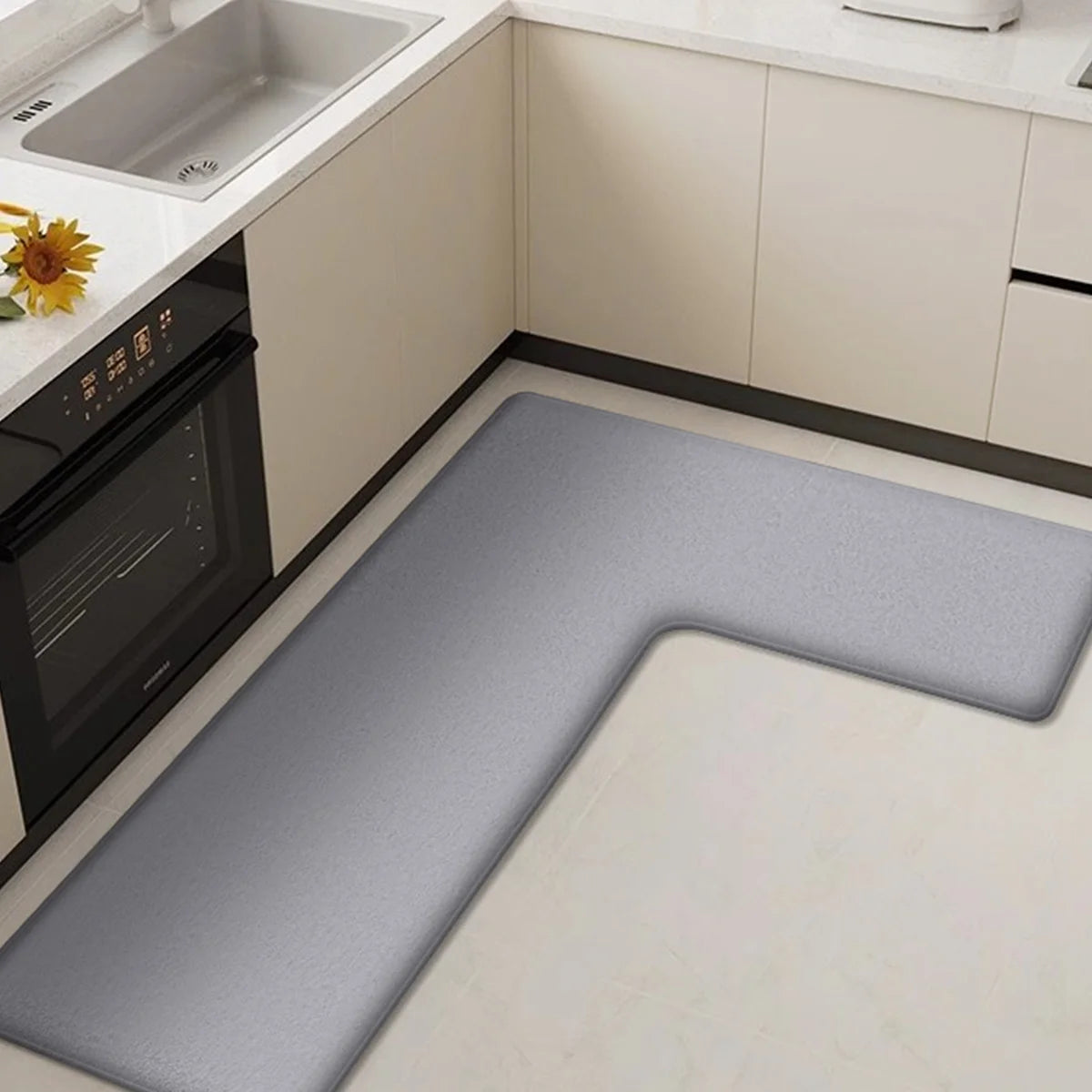 Vesta Corner Kitchen Mat Set – L Shaped Anti Fatigue Cushioned Kitchen Runner Rug Soft Beige Flannel