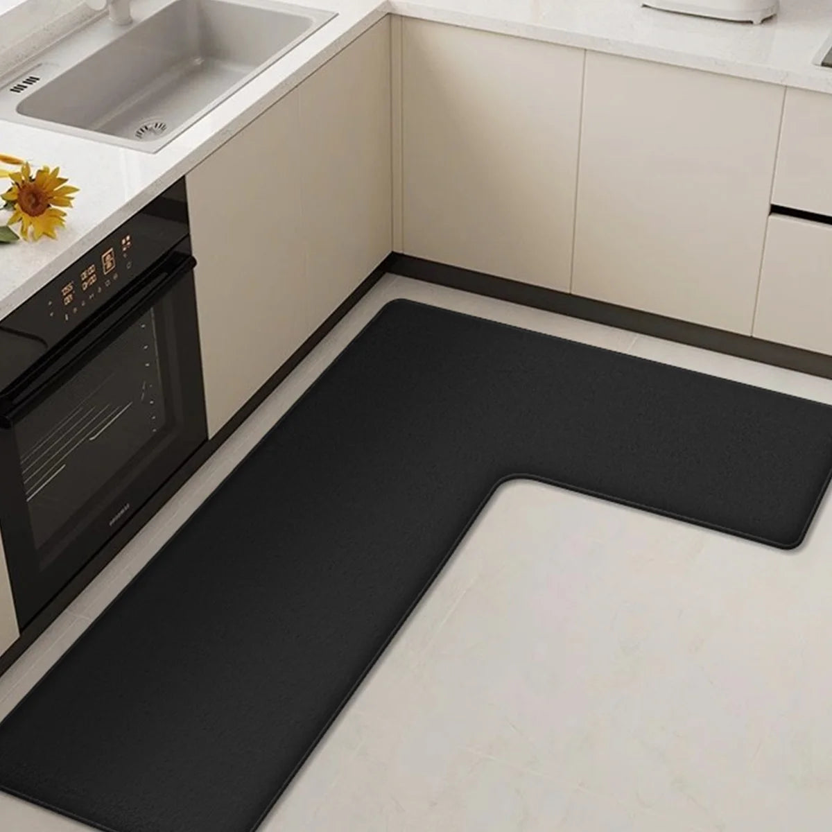 Vesta Corner Kitchen Mat Set – L Shaped Anti Fatigue Cushioned Kitchen Runner Rug Soft Beige Flannel
