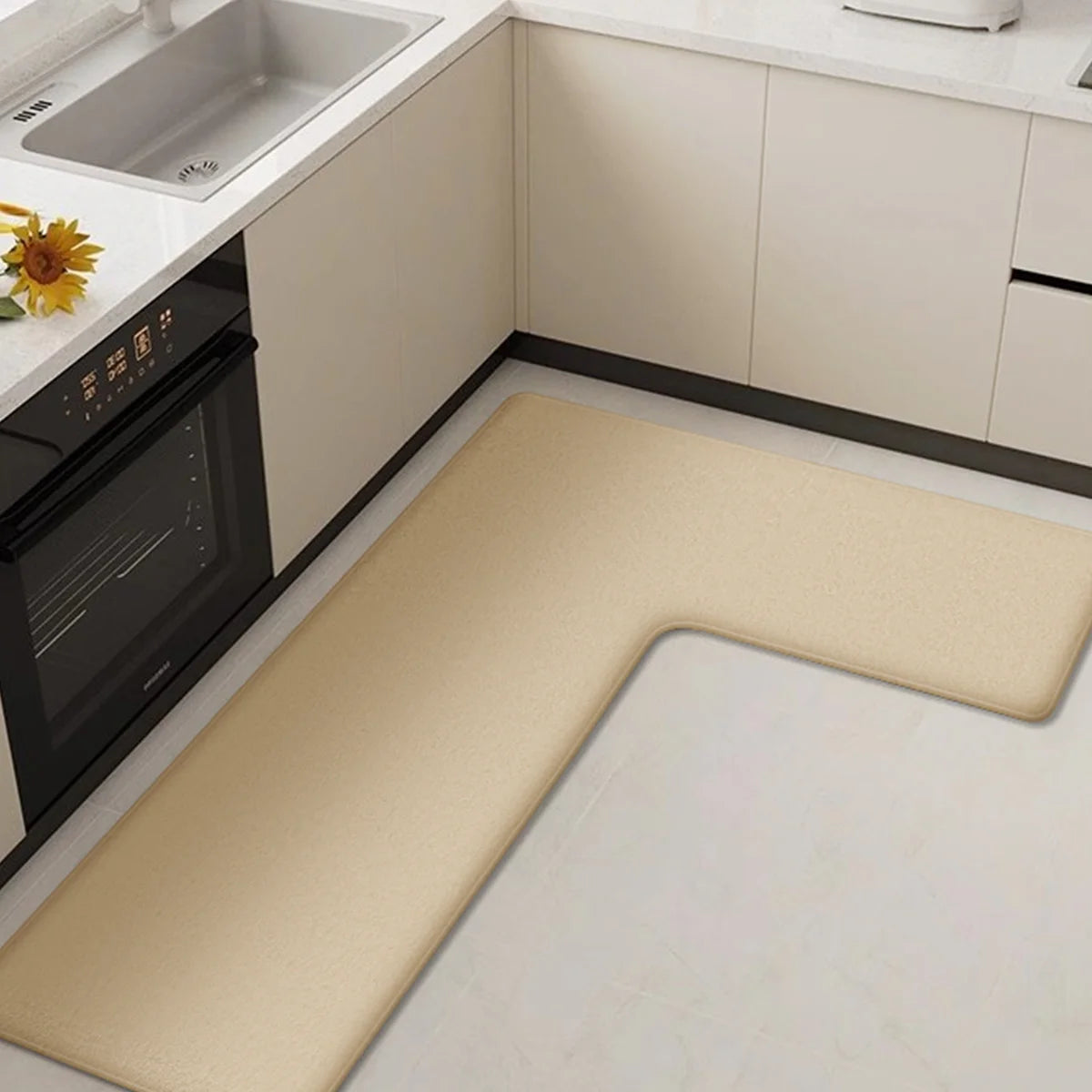 Vesta Corner Kitchen Mat Set – L Shaped Anti Fatigue Cushioned Kitchen Runner Rug Soft Beige Flannel