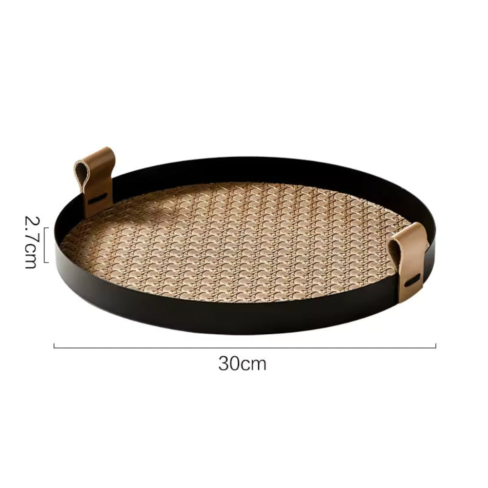 Kintara Round Serving Tray Set – Woven Bamboo Decorative Trays Black Rim Leather Handles Home Decor