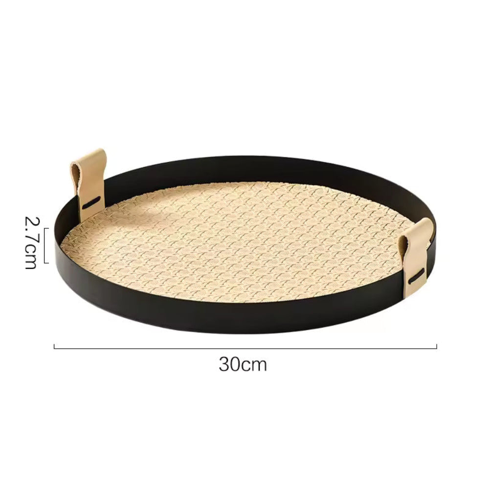 Kintara Round Serving Tray Set – Woven Bamboo Decorative Trays Black Rim Leather Handles Home Decor