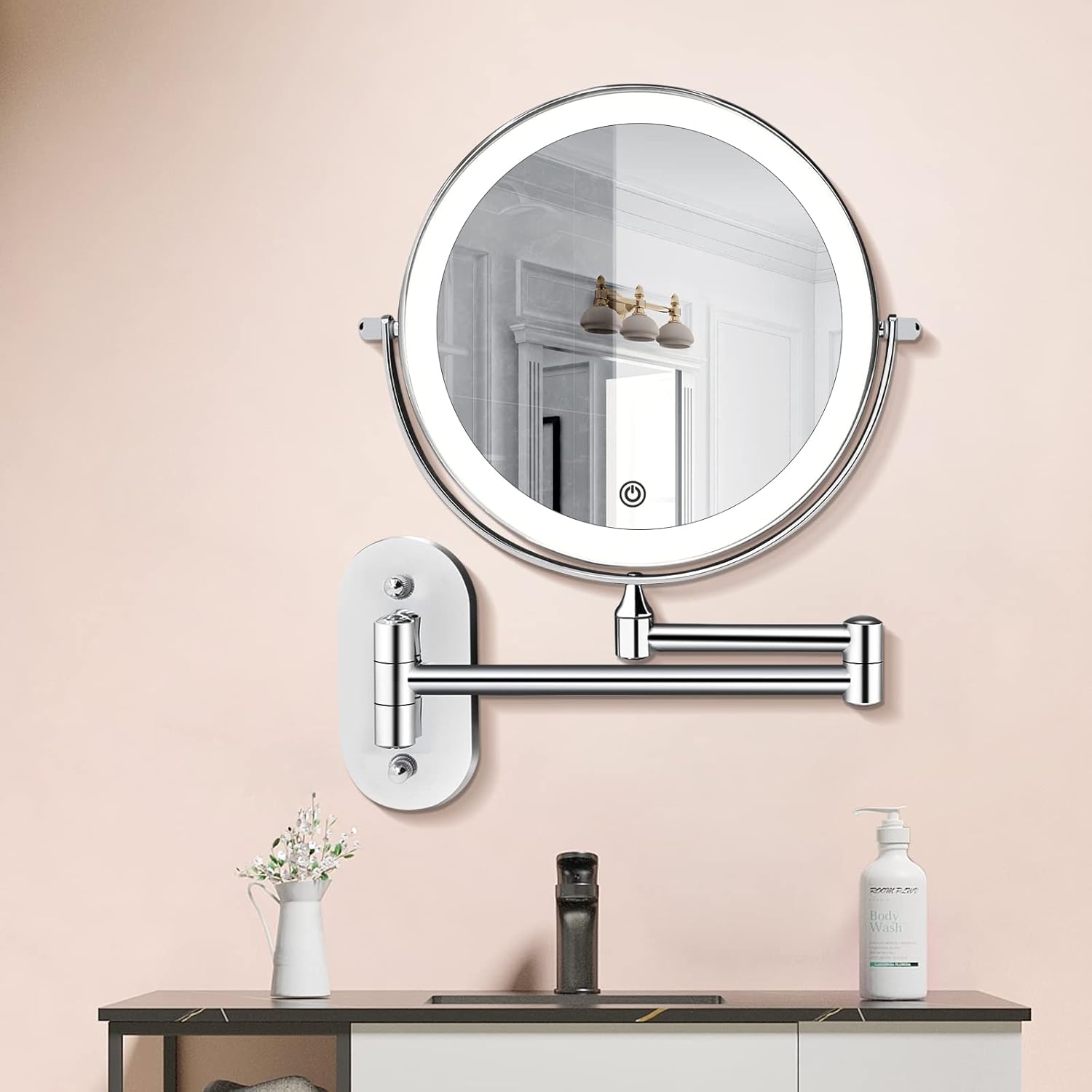 Orbex Vanity Mirror – LED Wall Mount Makeup Mirror Magnifying Extendable Arm Chrome Bathroom