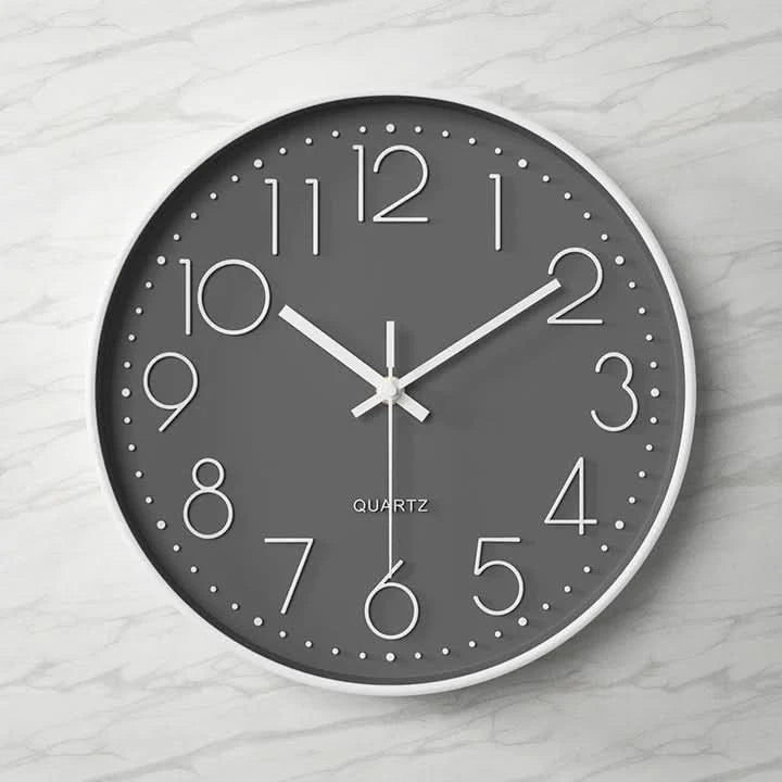Tempo Modern Wall Clock – Silent Quartz Large Round Gray White 3D Numbers Living Room Bedroom Office
