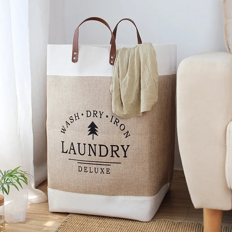 Breckton Laundry Hamper – Large Fabric Storage Basket Leather Handles Bedroom Bathroom Organizer
