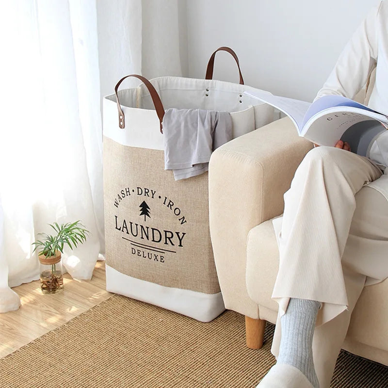 Breckton Laundry Hamper – Large Fabric Storage Basket Leather Handles Bedroom Bathroom Organizer
