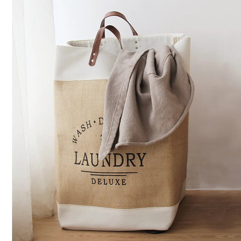 Breckton Laundry Hamper – Large Fabric Storage Basket Leather Handles Bedroom Bathroom Organizer