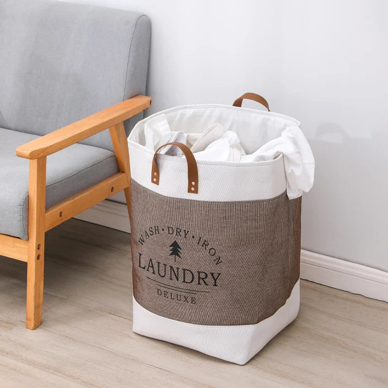 Breckton Laundry Hamper – Large Fabric Storage Basket Leather Handles Bedroom Bathroom Organizer