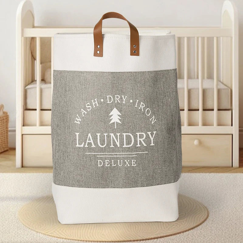 Breckton Laundry Hamper – Large Fabric Storage Basket Leather Handles Bedroom Bathroom Organizer