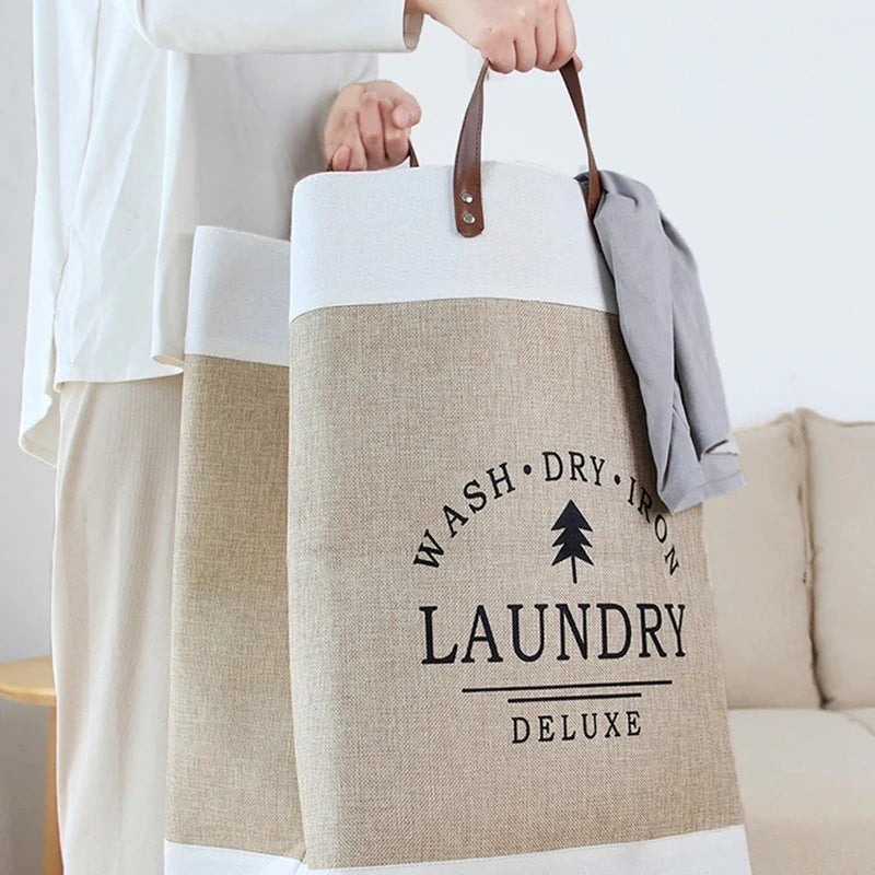 Breckton Laundry Hamper – Large Fabric Storage Basket Leather Handles Bedroom Bathroom Organizer
