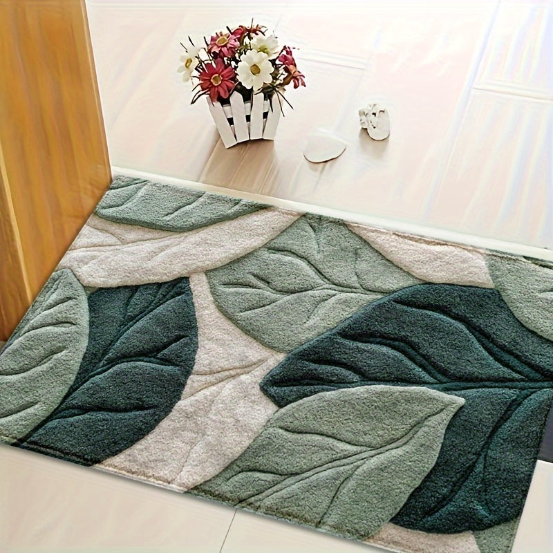 Foliara Leaf Bath Mat – Botanical Green Cream Microfiber Non-Slip Washable Bathroom Rug Decor