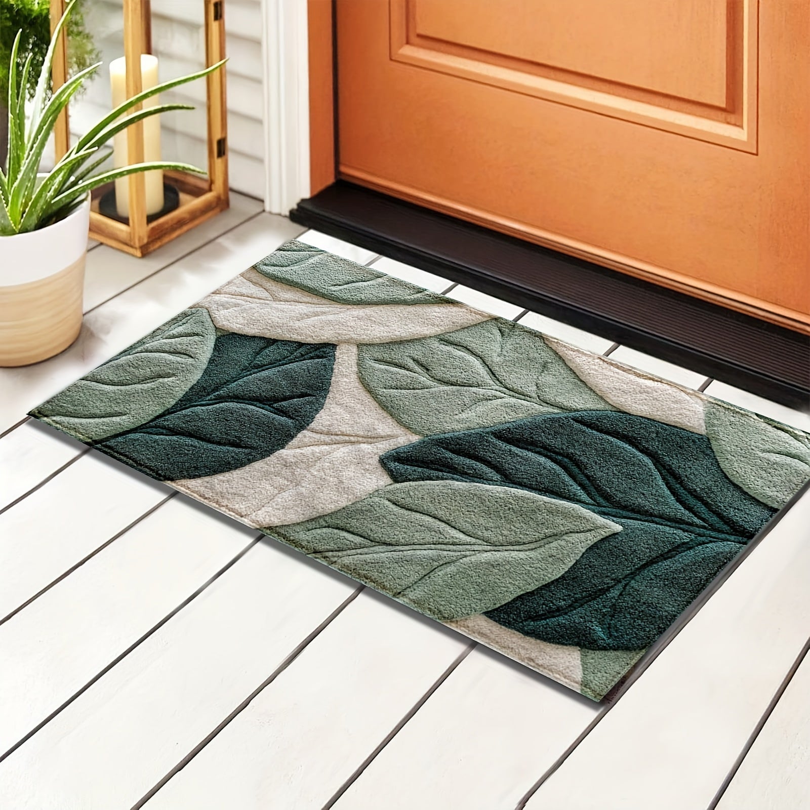 Foliara Leaf Bath Mat – Botanical Green Cream Microfiber Non-Slip Washable Bathroom Rug Decor
