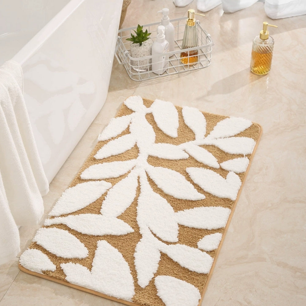 Palmera Botanical Bath Mat – Microfiber Non Slip Bathroom Rug Soft Absorbent Washable Beige White Leaf