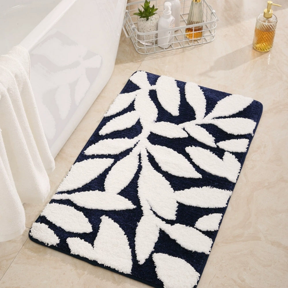 Palmera Botanical Bath Mat – Microfiber Non Slip Bathroom Rug Soft Absorbent Washable Beige White Leaf